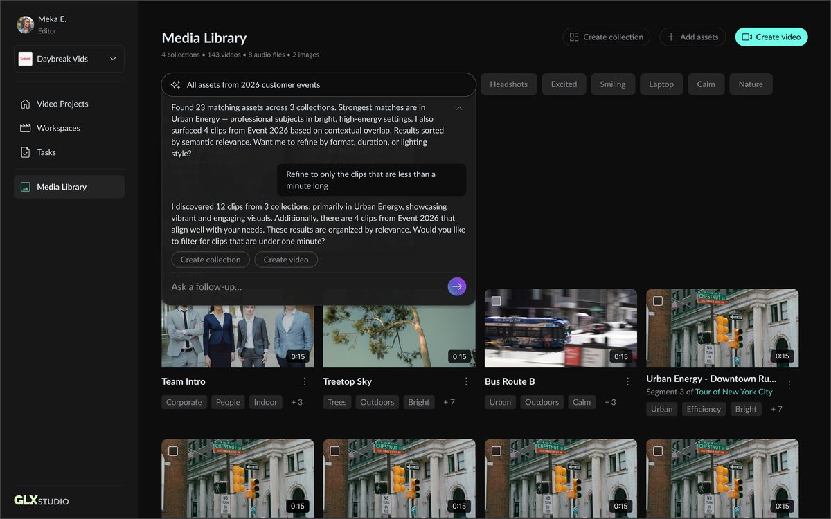 GLX Media Intelligence conversational search: a user asks for all assets from 2026 customer events and gets 23 ranked matching assets across 3 collections, then refines to clips under one minute