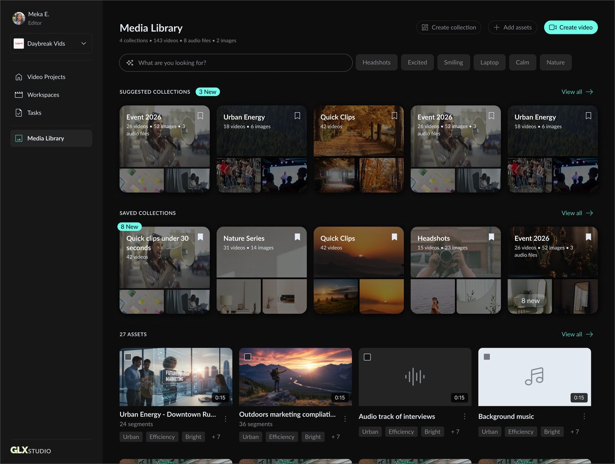 GLX Media Library home with AI-suggested collections, saved collections, and semantic search chips like Headshots, Excited, and Calm across 143 videos