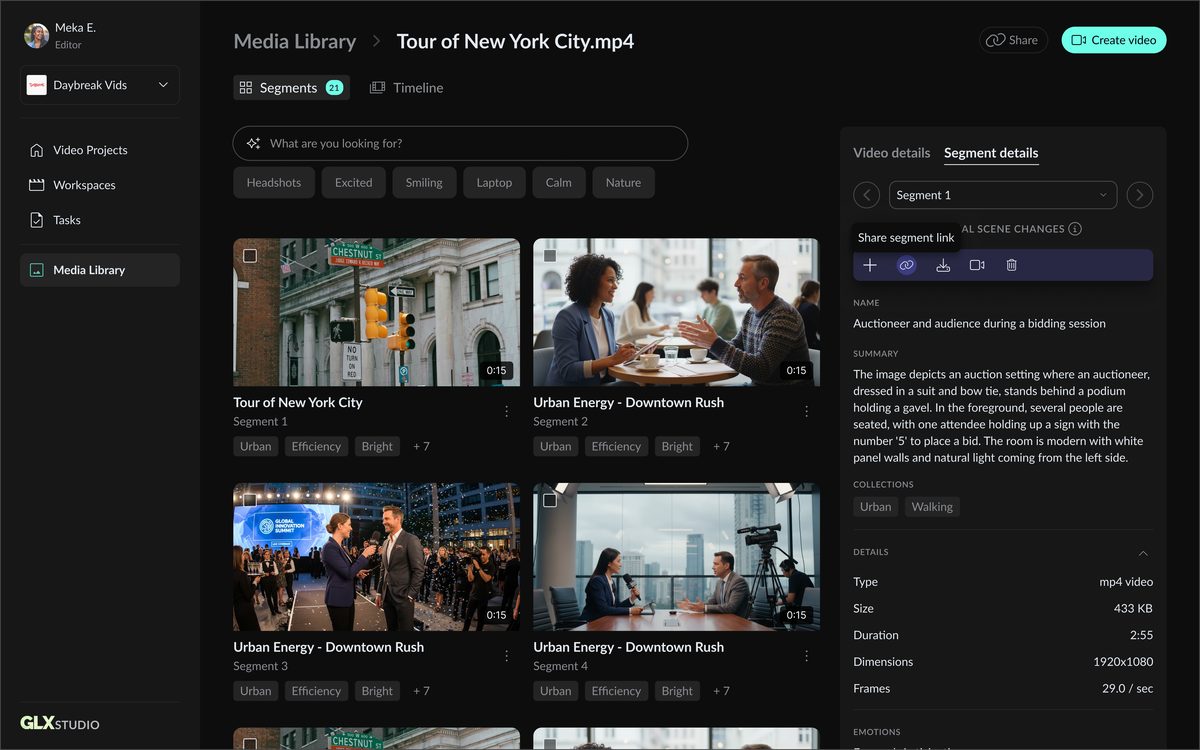 GLX Media Library segment view: a 2:55 video automatically split into 21 searchable segments, each with an AI-written name and full scene summary, no manual tagging
